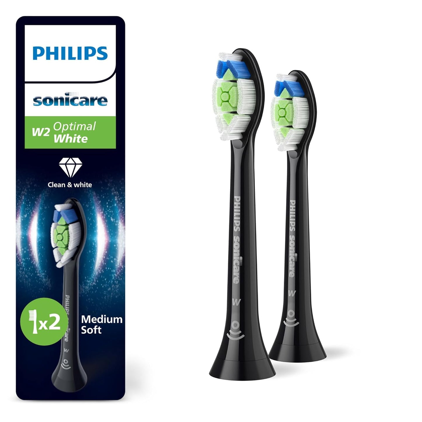 317620 - PHILIPS Sonicare W2 Optimal e Bardhë, Koka Furçash Zëvendësuese Origjinale, e Zezë, Pako me 2, HX6062/88