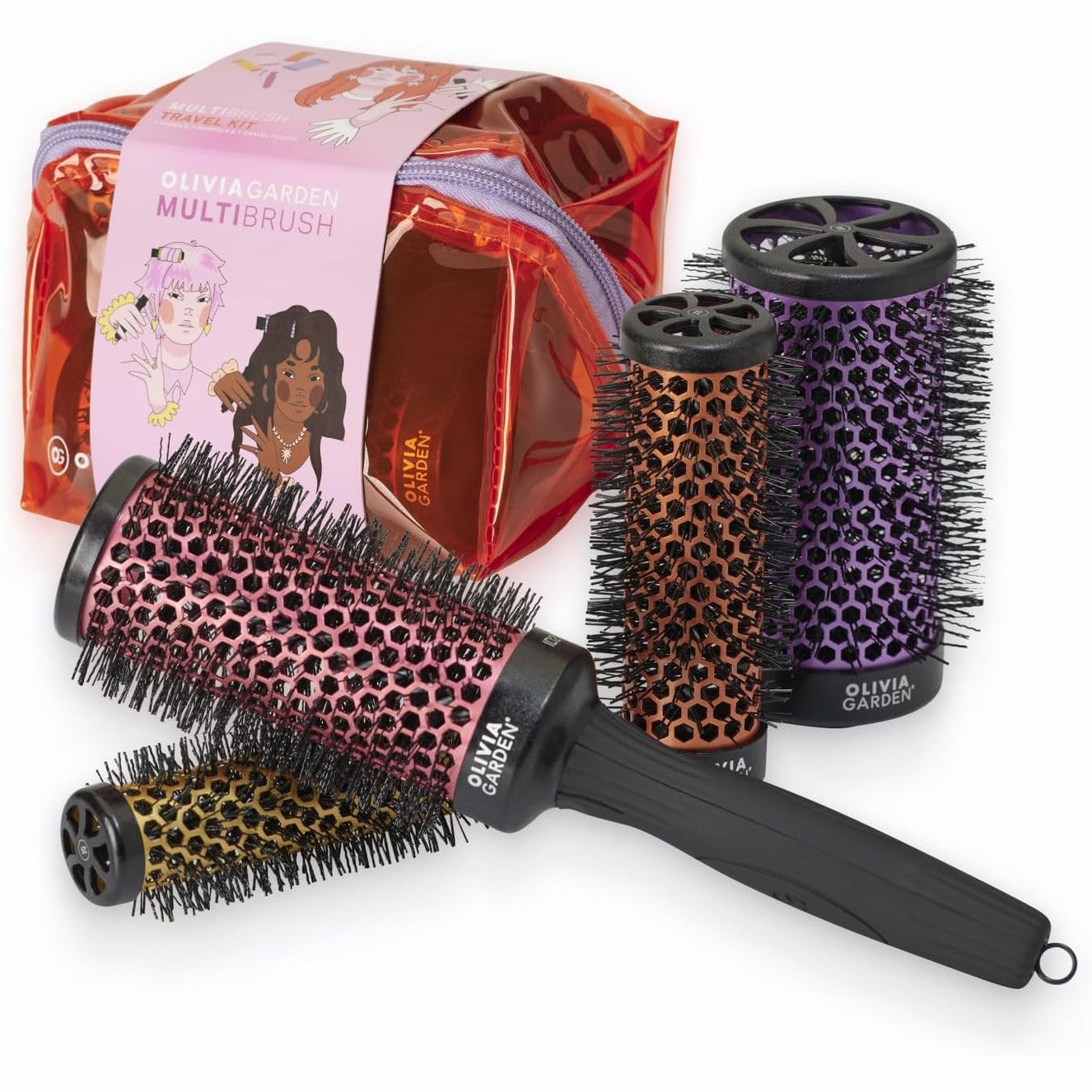 271128 - OLIVIA GARDEN Kit Udhëtimi me Furça Shumëfishe, Furçë e rrumbullakët 4-në-1, Madhësitë 25, 35, 45, 55