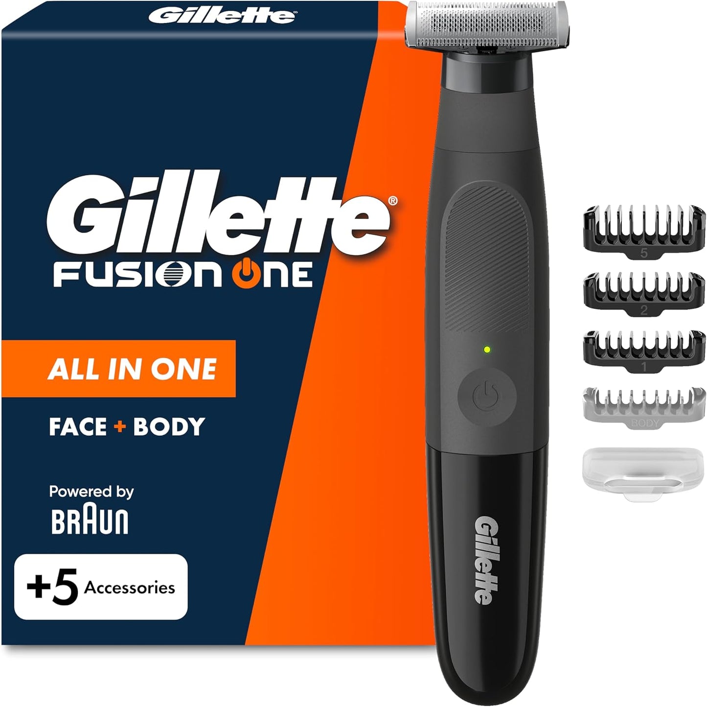 315777 - GILLETTE Brisku elektrik Fusion One për burra (3 krehëra për mjekër: 1, 2, 5 mm, kokë lëkundëse, rezistente ndaj ujit, jetëgjatësi baterie 45 minuta)