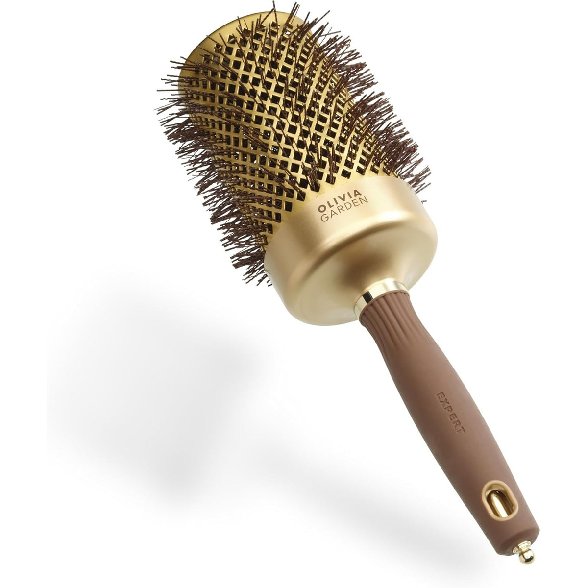289714 - OLIVIA GARDEN Expert Blowout Shine - Furçë e rrumbullakët qeramike antistatike për tharje me shkëlqim, ngjyrë Ari dhe Kafe, 65 mm