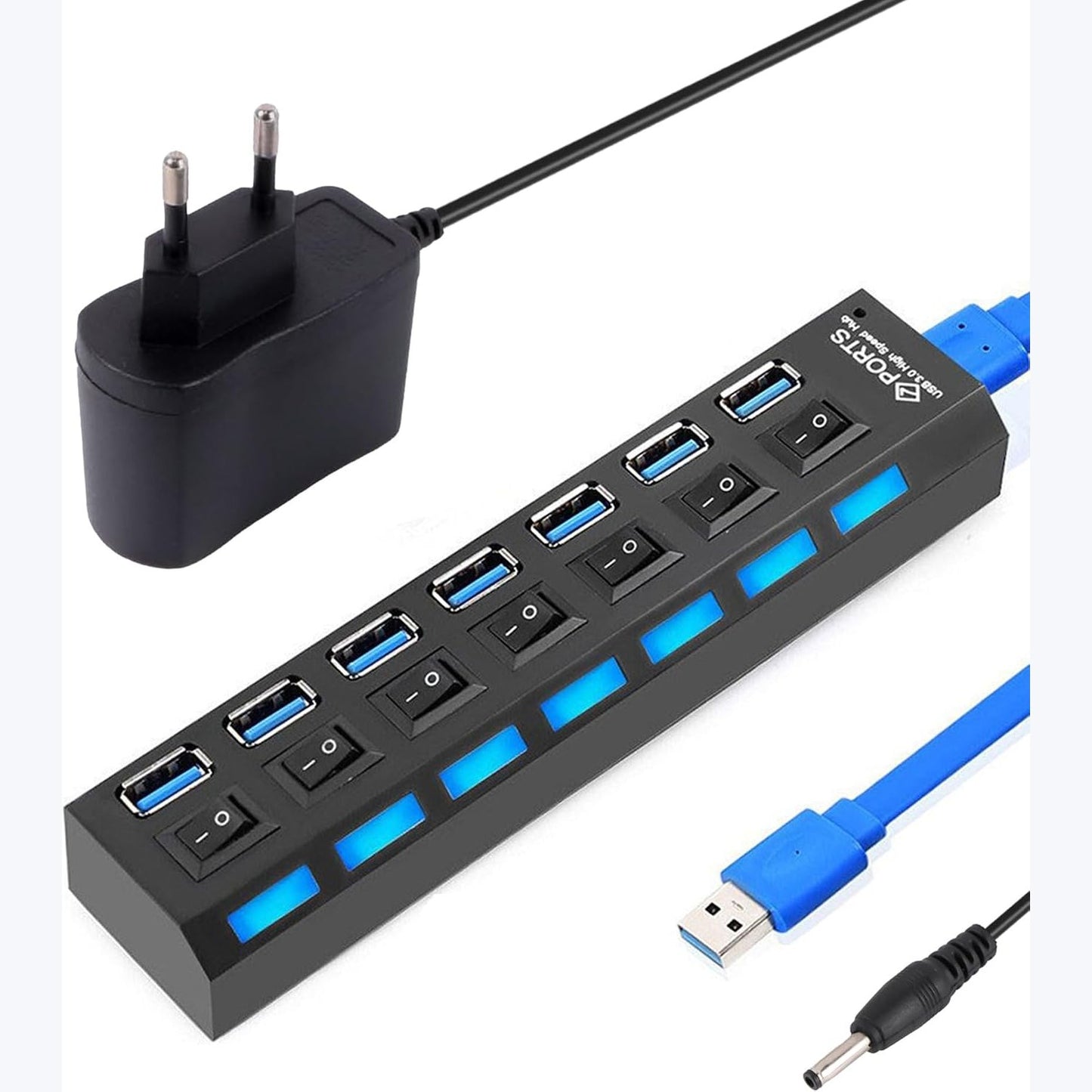 274358 - Hub USB me 7 Porta: Ndarës portativ USB 3.0+2.0 me çelësa individualë të energjisë LED për laptopë, PC, MacBook dhe pajisje të tjera USB