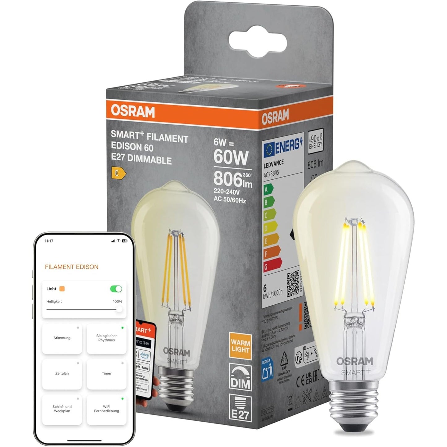 215832 - OSRAM Llambë LED Edison, formë llambë E27, e bardhë e ngrohtë 2700 K, e errësueshme, kontroll aplikacioni, e pajtueshme me Alexa dhe Google