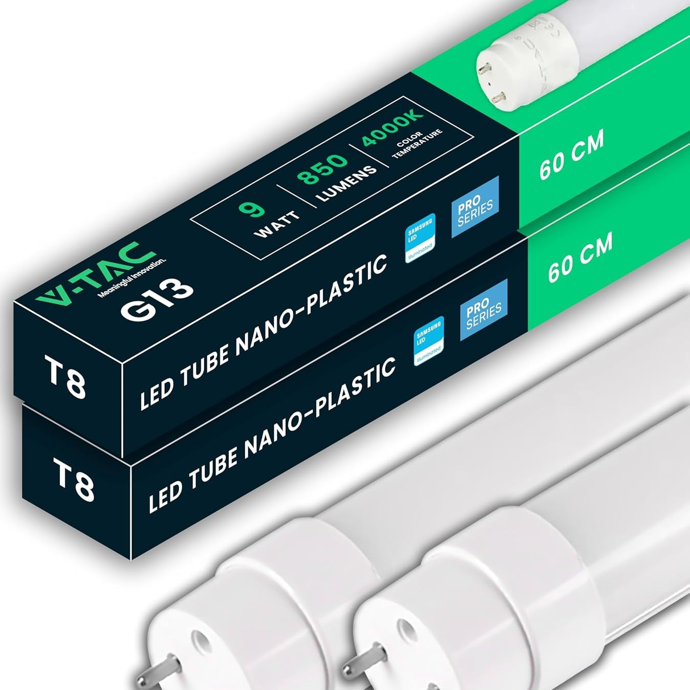 188235 - V-TAC 2x Tuba LED G13 60 CM - 9W - 850 Lumen - Materiali: Çip Samsung - Përdorim për Tavan, Mur, Garazh, Dyqan - Formë T8 - Zëvendëson Neonin - Ngjyra: Dritë e Bardhë Natyrale 4000K