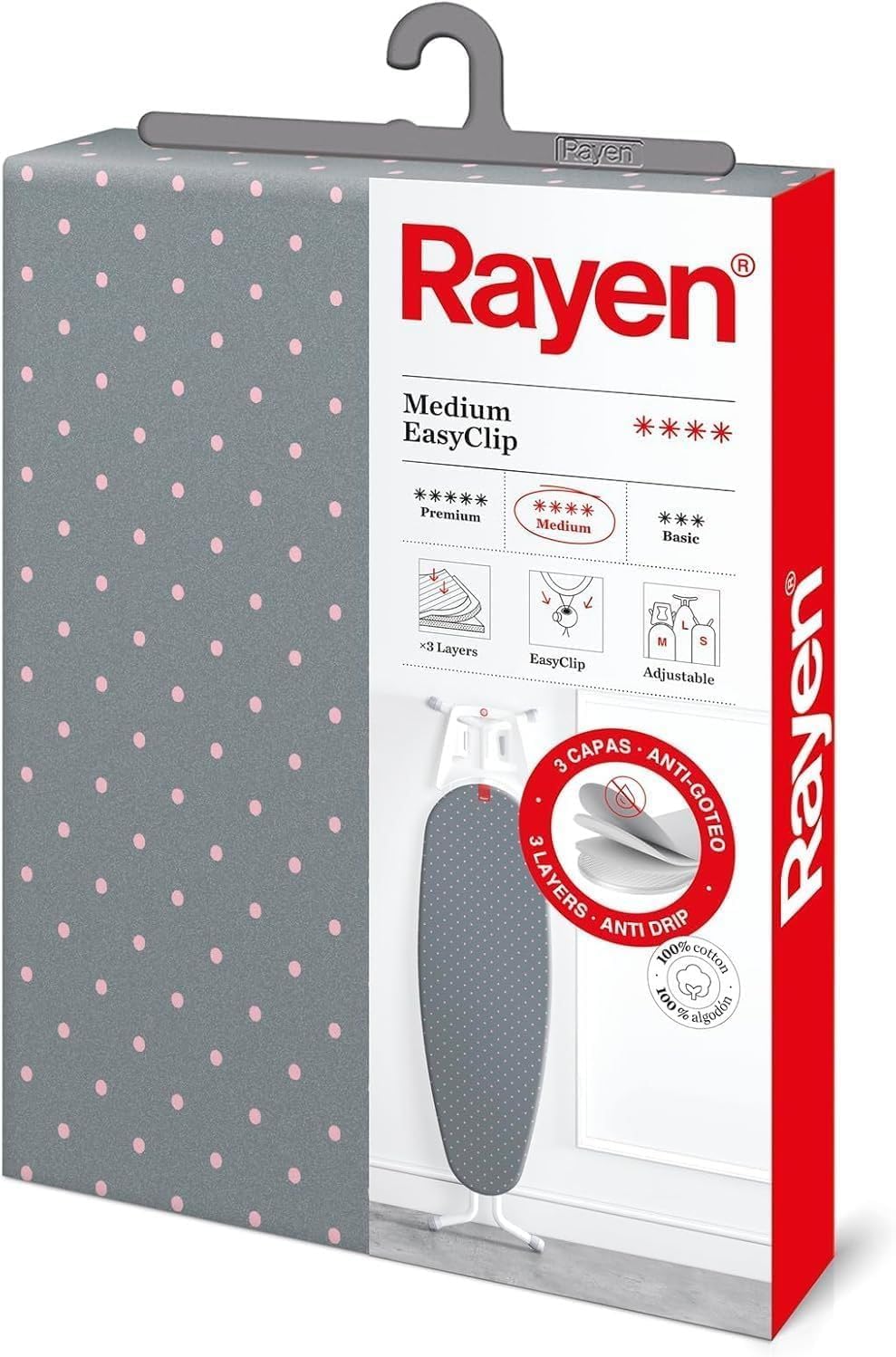 256972 - RAYEN Mbulesë Universale për Tavolinë Hekurosjeje, 3 Shtresa: Shkumë, Lesh dhe Pëlhurë 100% Pambuk, 130 x 47 cm, Gri me Pika Rozë
