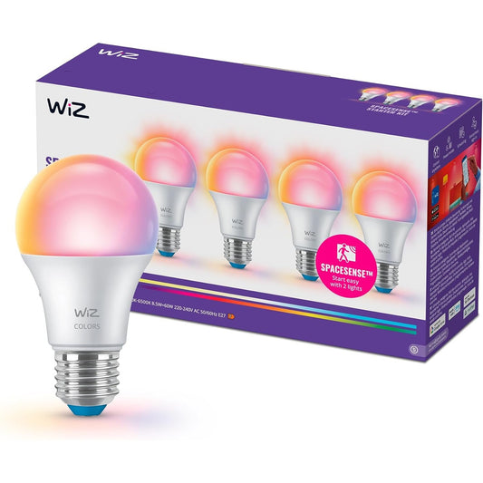 195785 - LLAMBË WiZ SMART LED A60 - Ngjyrë e Plotë dhe e Bardhë e Akordueshme, Bazë E27, Ekuivalent 60W, 2200-6500K, 806 Lumen, Me Errësim, E Pajtueshme me Alexa, Google Assistant dhe Apple Home, Pako 4 Copë