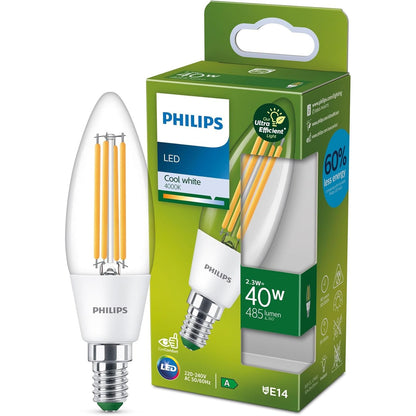 198446 - PHILIPS Llambë LED Ultra-Efikase Classic Klasë Energjike A që Zëvendëson 40W, Bazë E14, Formë Qiriu, E Qartë, Dritë e Bardhë Neutrale 4000K, 1 Pako, Gjeneratë e Vjetër, E Bardhë Neutrale