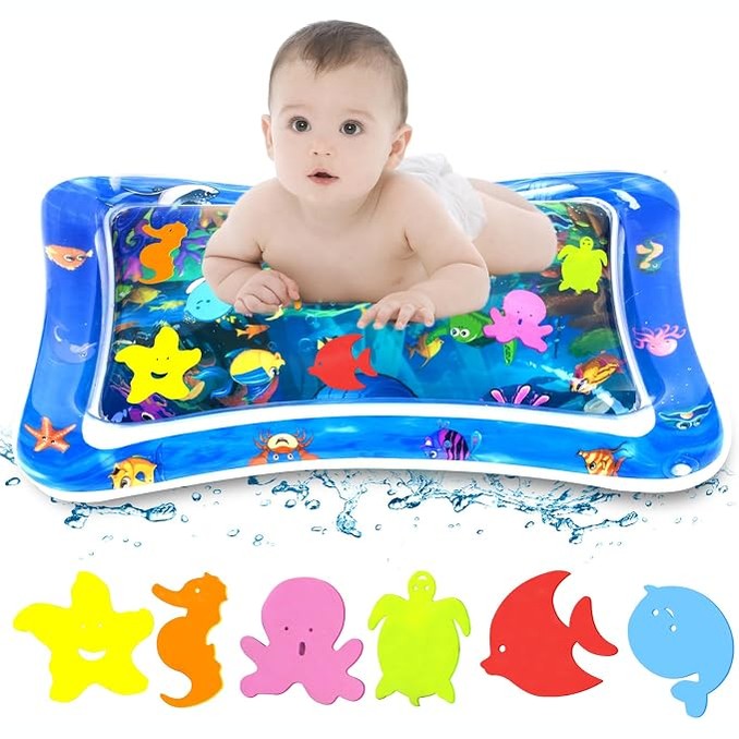 301319 - GROFIS - Dysheme uji për foshnje - 66x50 cm - Dysheme PVC e fryrë për kohën e barkut - Dysheme lojërash në ujë me 6 kafshë detare lundruese - Lodër shqisore për foshnje dhe fëmijë të vegjël 3, 6, 9, 12 muajsh
