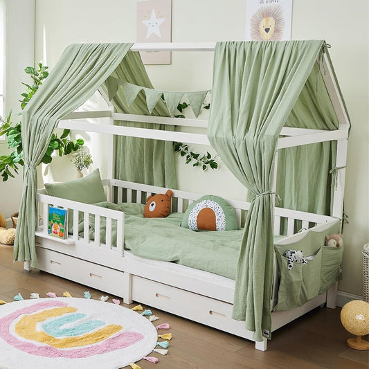 213136 - ALAVYA HOME Set Dekorimi për Shtrat Shtëpie me 3 Pjesë, 100% Pambuk Muslin Organik, I Certifikuar GOTS