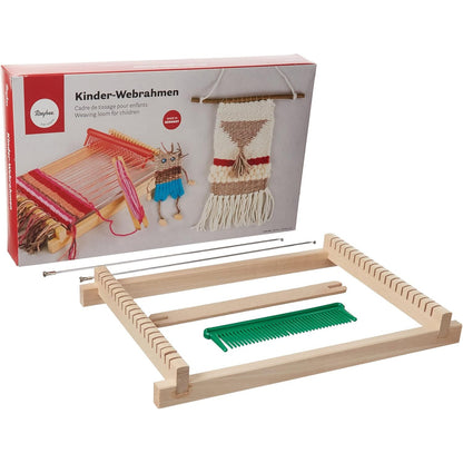 215715 - RAYHER DIY Set tezgjahu prej druri për fëmijë, Gjerësia e endjes 16.5 cm, përfshirë karrocë, krehër me aksesorë, 18.5x29 cm