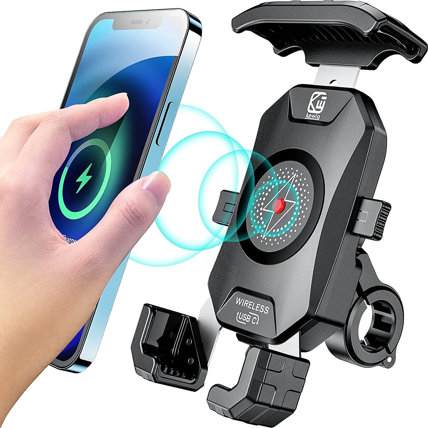 276530 - KEWIG Mbajtëse telefoni për biçikletë, 15W pa tel dhe USB-C 20W, e rrotullueshme 360°, e papërshkueshme nga uji, e përshtatshme për telefona 4-7 inç