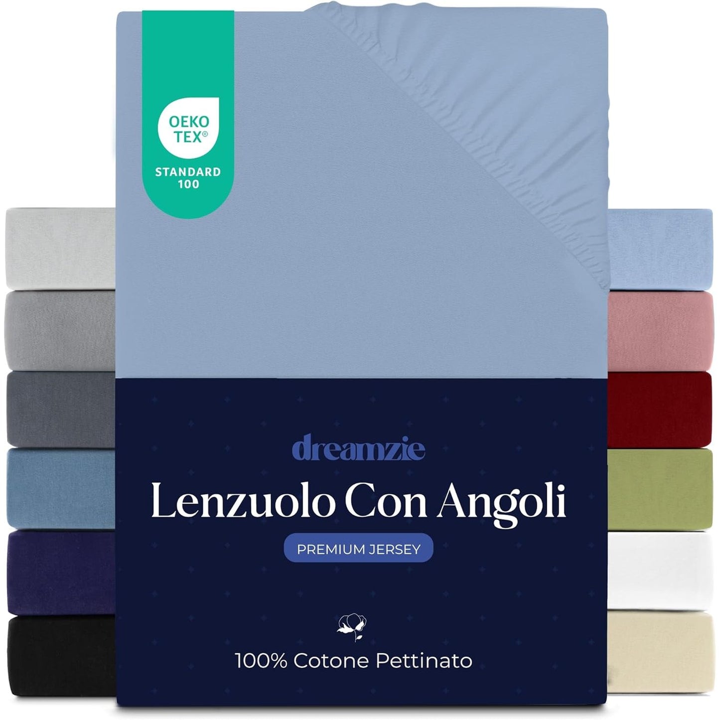 237308 - DREAMZIE Çarçaf Premium 180x200 cm, 100% Pambuk Jersey, për dyshekë të trashë deri në 27 cm, 150 g/m², i Certifikuar Oeko-TEX - Blu e Çelët