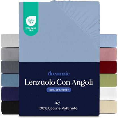 237308 - DREAMZIE Çarçaf Premium 180x200 cm, 100% Pambuk Jersey, për dyshekë të trashë deri në 27 cm, 150 g/m², i Certifikuar Oeko-TEX - Blu e Çelët