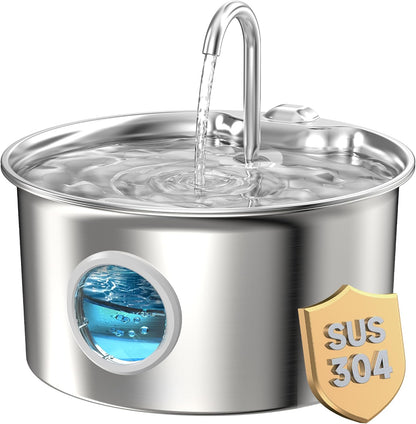 256849 - Shatërvan uji për mace prej çeliku inox, automatik, me dritare niveli uji, Dispenser uji elektrik i heshtur 2.6L me rubinet për qen të vegjël