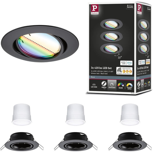 260190 - PAULMANN 92468 Bazë Drite LED e Fundesuar për Shtëpi Inteligjente Zigbee Set Bazë, Rrotulluese e Rrumbullakët 230V 3x4.9W 3x420lm me Errësim 90mm, E Zezë Mat Metalike RGBW+