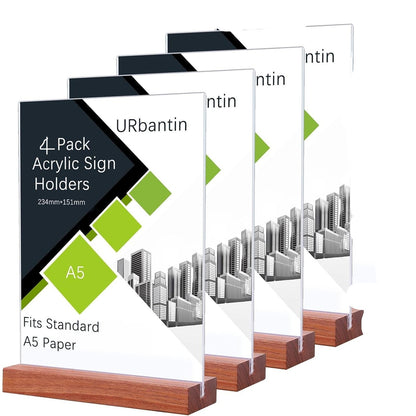 175723 - URBANTIN Stand Ekspozues A5 për Tavolinë, 4 copë, Material Akrilik në Formë T, Bazë qelqi, Përdorim për Restorant, Hotel, Dokumente, Zyrë, Dyqan