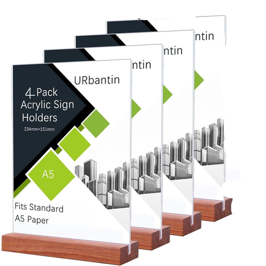 175723 - URBANTIN Stand Ekspozues A5 për Tavolinë, 4 copë, Material Akrilik në Formë T, Bazë qelqi, Përdorim për Restorant, Hotel, Dokumente, Zyrë, Dyqan