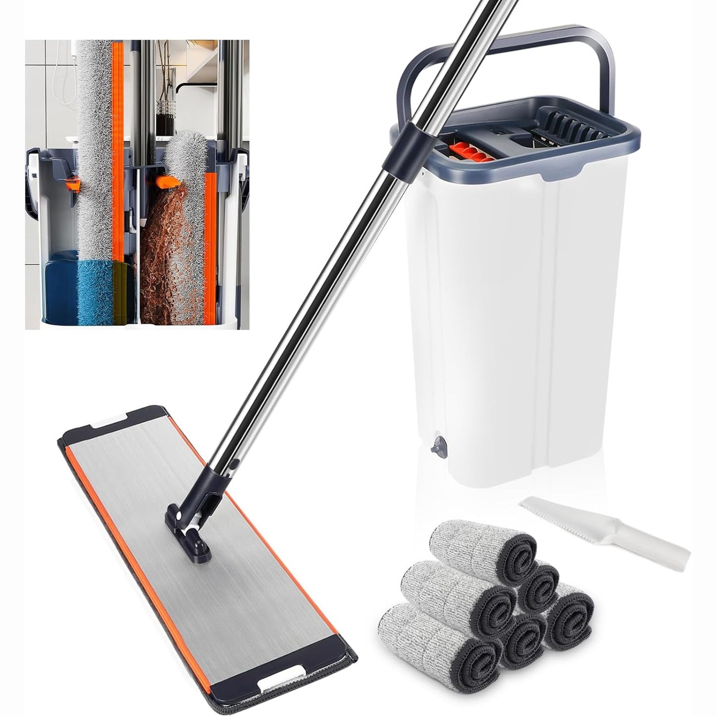 214347 - Set për mop dhe kovë, 6 sfungjerë mikrofibre, dorezë 155 cm