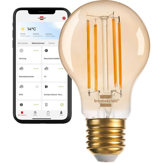 211280 - BRENNENSTUHL Llambë LED me Filament WiFi Connect, Standarde E27, 4.9W, 470lm, Ngjyrë e Bardhë e Ngrohtë 2200K, Errësim i Vazhdueshëm, Pajtueshme me Amazon Alexa dhe Google Assistant, Aplikacion Falas