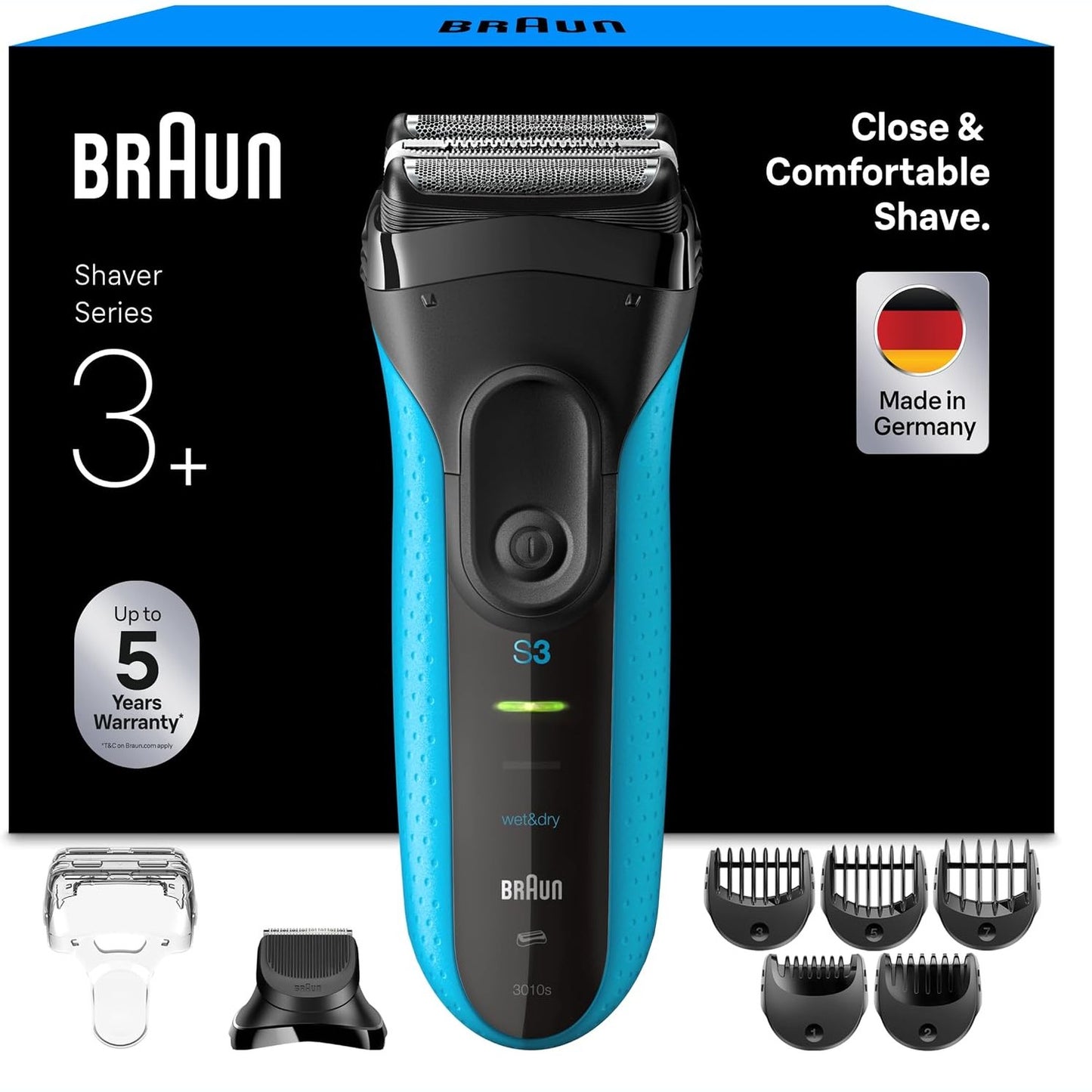 274930 - BRAUN Makinë rroje elektrike për meshkuj Series 3+, 3 tehe fleksibël, e prodhuar në Gjermani, aksesor për shkurtimin e mjekrës, +5 aksesorë krehri, makinë rroje e lagësht dhe e thatë, 3010BT, blu