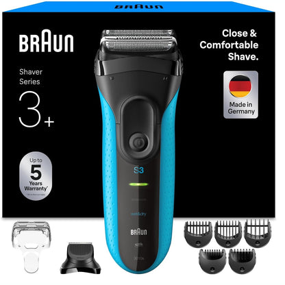 274930 - BRAUN Makinë rroje elektrike për meshkuj Series 3+, 3 tehe fleksibël, e prodhuar në Gjermani, aksesor për shkurtimin e mjekrës, +5 aksesorë krehri, makinë rroje e lagësht dhe e thatë, 3010BT, blu