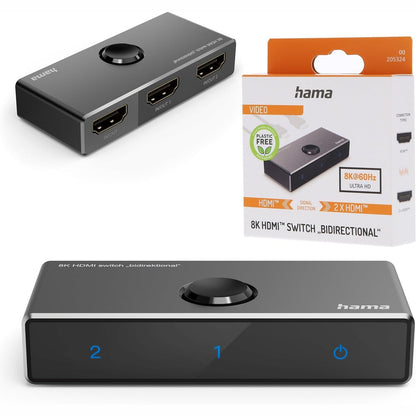 299682 - HAMA HDMI SWITCH 8K (HDMI SWITCH 2 NË 1 OUT/1 NË 2 OUT, SWITCH 8K PËR TV, PC, MONITOR, BLU-RAY PLAYER, KONSOLË, PROJEKTOR, ADAPTOR PËR LOJËRA, KINEMA NË SHTËPI NË ULTRA-HD) I ZI