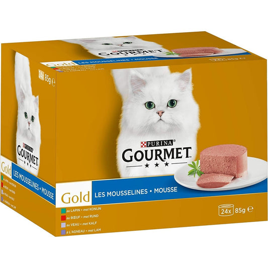 183220 - PURINA Gourmet Gold Mousselines, Ushqim për Mace, Set prej 24 Kanaçesh, Çdo kanaçe 85g