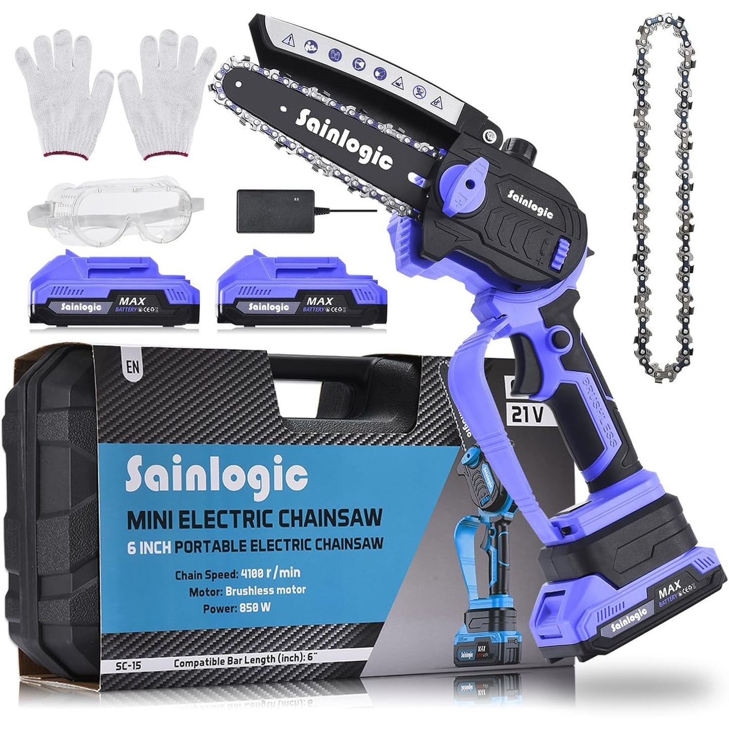 164310 - SAINLOGIC Sharrë Elektrike Mini 6 Inç, Pa Tel, me 2 Bateri 2000mAh, Sistemi i Sigurisë, për Prerje Druri dhe Kopsht, Ngjyra Vjollcë