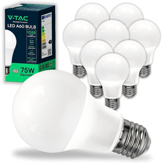 137212 - V-TAC Llampë LED 10xA60 me Prizë E27, Fuqi 10.5W (Ekuivalent 75W), Gjenerata e Re, 1055 Lumen, Efikasitet Maksimal, Kursim Energjie, Dritë e Ngrohtë 3000K