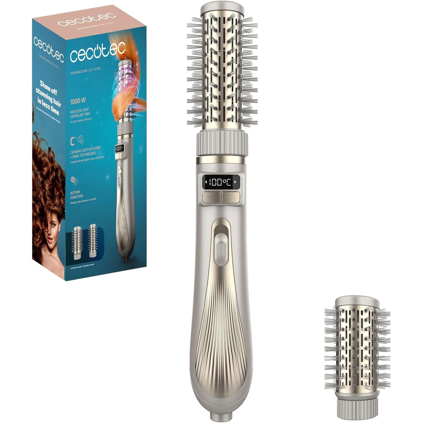 316472 - CECOTEC Furçë ajri me 2 koka furçe CeramicCare 2në1, 1000W, funksion rrotullues, ekran temperature, kabllo 360º