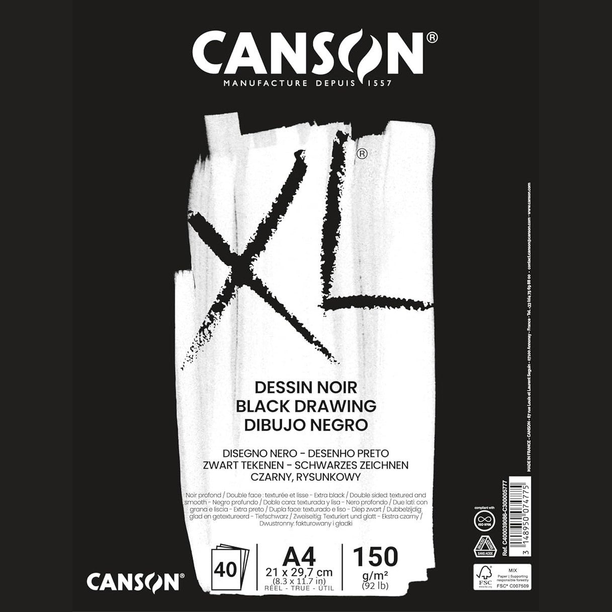 269145 - CANSON Letër Vizatimi XL e Zezë, 150 g/m², bllok spiral DIN A4 21 x 29.7 cm, 40 fletë