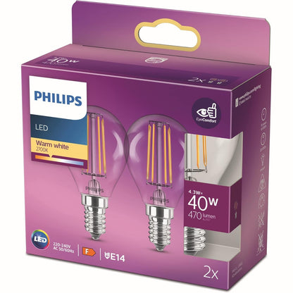 168897 - PHILIPS - Llambë LED me 2 Llamba, Dritë e Bardhë e Ngrohtë, E14, 40W, Transparente, Llambë Filamenti
