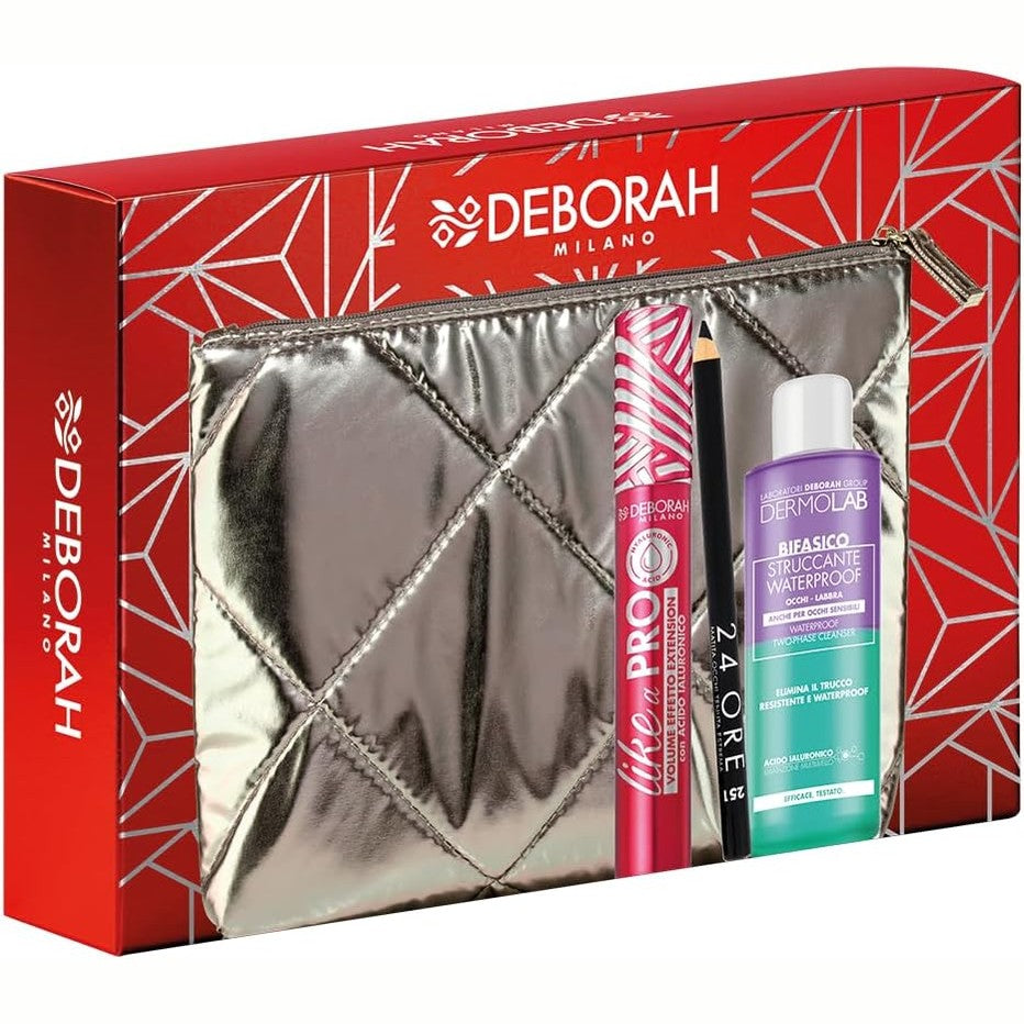 271899 - DEBORAH MILANO Set Dhurate për Qese Sysh për Femra, Rimel Like a PRO, Laps 24 Orë 251 të Zi, Pastrues Grimi për Sy Dermolab Biphasic 50ml