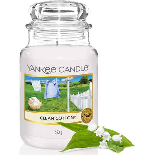 187630 - YANKEE CANDLE Qiri Aromatik në Kavanoz të Madh me Aromën e Pambukut të Pastër, Kapaciteti i Djegies deri në 150 Orë, Ideale për Dhuratë