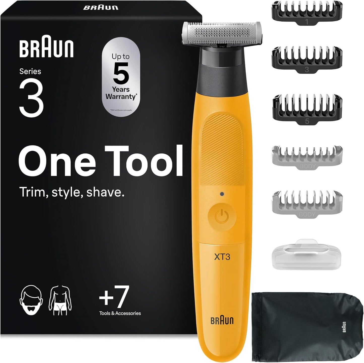 316318 - BRAUN Makinë prerëse XT3205 për fytyrën dhe trupin, 7 aksesorë, rroje elektrike, bateri 45 minuta, e papërshkueshme nga uji, e verdhë