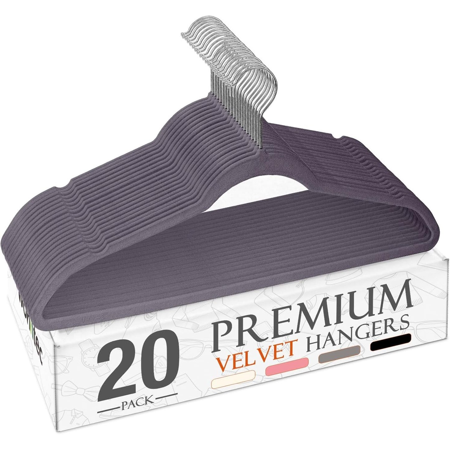 169213 - WOHNTEC Varëse rrobash prej kadifeje gri, Set 20 copë - me rrotullim 360°, për këmisha, kostume, triko, pantallona - Kursyejnë hapësirë, nuk rrëshqasin dhe janë të qëndrueshme