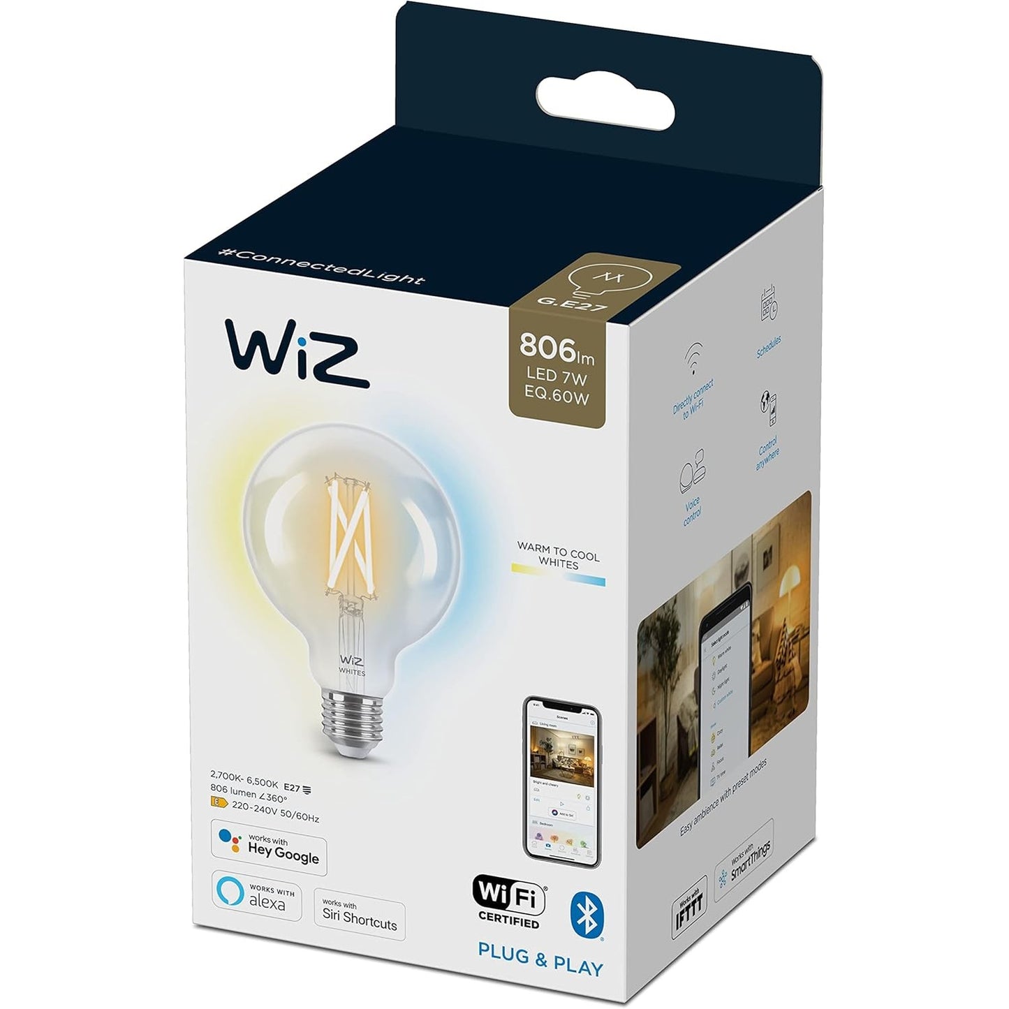 252566 - WIZ Llambë LED e Rregullueshme, Globe, E27, 60 W, dizajn transparent vintage, kontroll inteligjent nëpërmjet aplikacionit/zërit, e bardhë e ngrohtë në të ftohtë