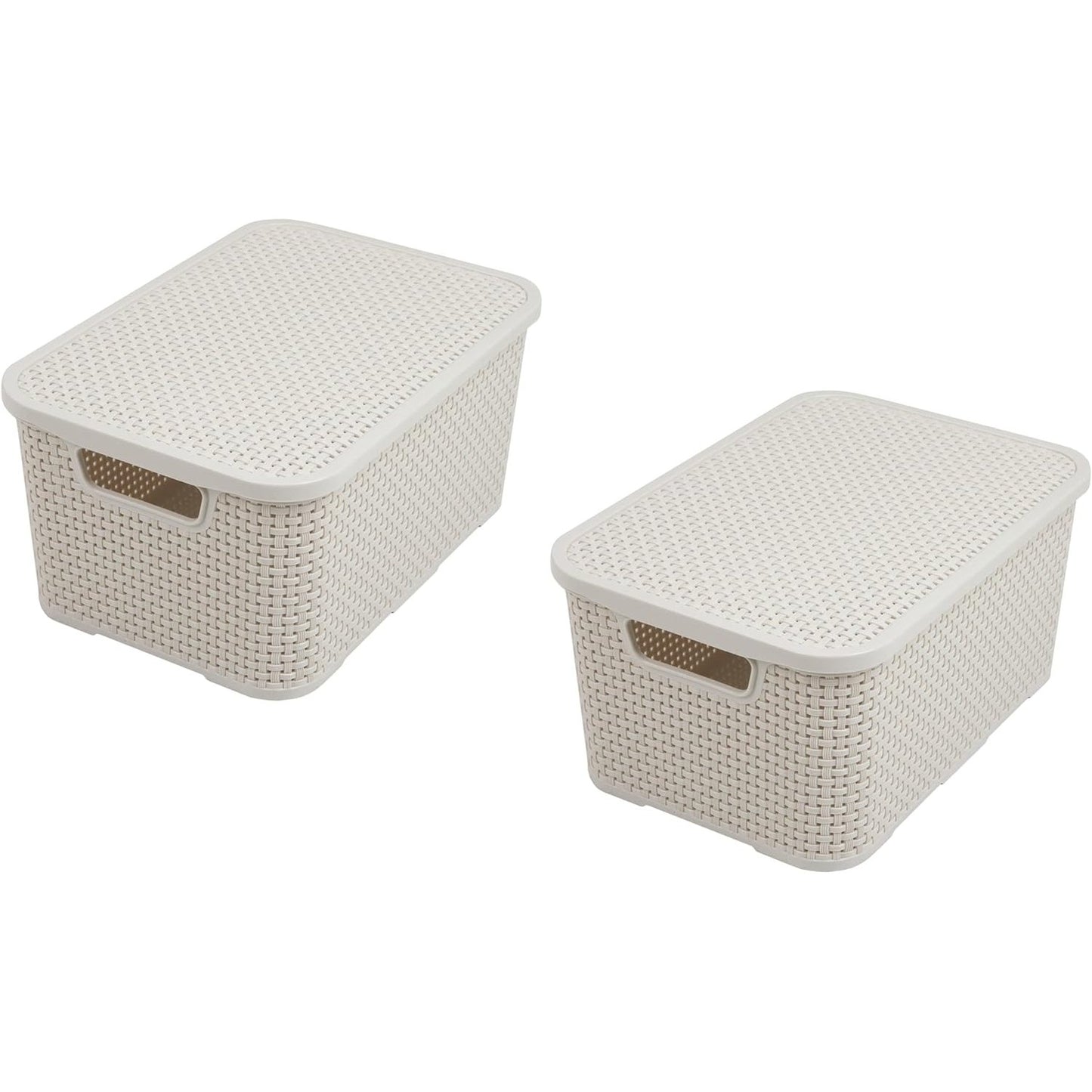 256737 - BRANQ Shportë me kapak për sende shtëpiake, dizajn ratani, set me 2 copë, madhësia M, 10l, plastikë PP, krem