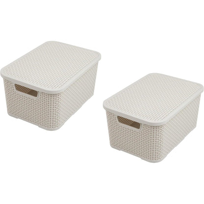 256737 - BRANQ Shportë me kapak për sende shtëpiake, dizajn ratani, set me 2 copë, madhësia M, 10l, plastikë PP, krem