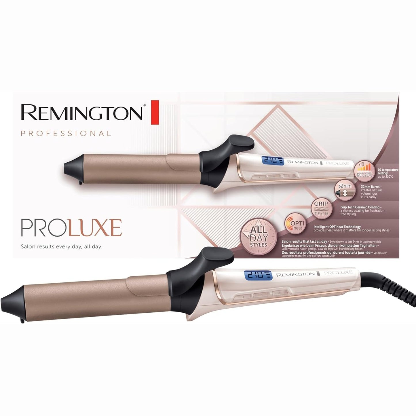 289684 - REMINGTON Hekur kaçurrelash PROluxe Digital [32 mm], Teknologjia OPTIheat, Veshje Qeramike Grip-Tech, deri në 210°, CI9132