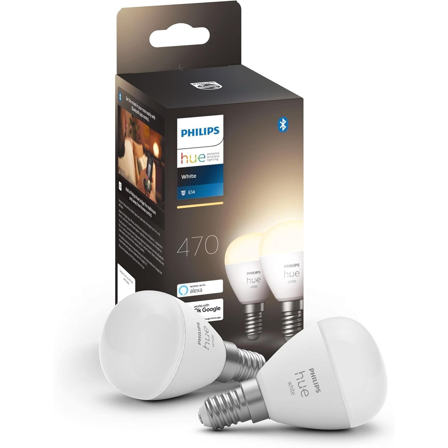 260606 - PHILIPS Llampa LED inteligjente Hue White Luster E14, e pajtueshme me Bluetooth, pako me 2, funksionon me Alexa, Google Assistant dhe Apple HomeKit, nuancë e bardhë