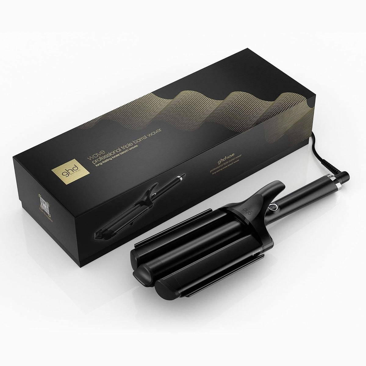 335777 - GHD Pjastër flokësh wave triple fuçi, për onde të shpejta dhe të lehta në plazh, ngjyra e zezë