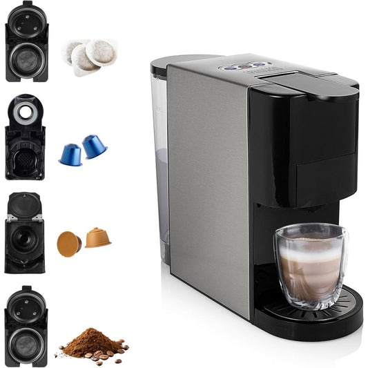 116350 - Makinë Kafeje Multifunksionale, e Pajtueshme me Kapsulat Nespresso, Dolce Gusto, Kapsulat ESE dhe Kafenë e Bluar, Kapacitet 800 ml, Presioni 19 Bar, e Ngjyrë Zezë dhe Argjendi