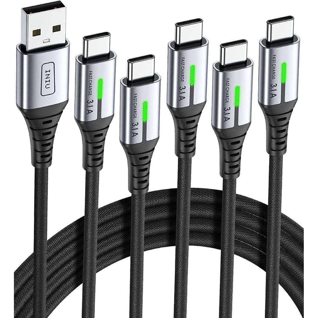 266913 - INIU Kabllo USB Type-C [Pako me 5 copë], Kabllo USB C 3.1A për karikim të shpejtë, Kabllo karikimi USB në USB C i thurur me najlon për iPhone 16 15 Samsung Galaxy S21 S20 S9 Note 10 Google Pixel ETC (1m+1m+2m+2m+0.5m)