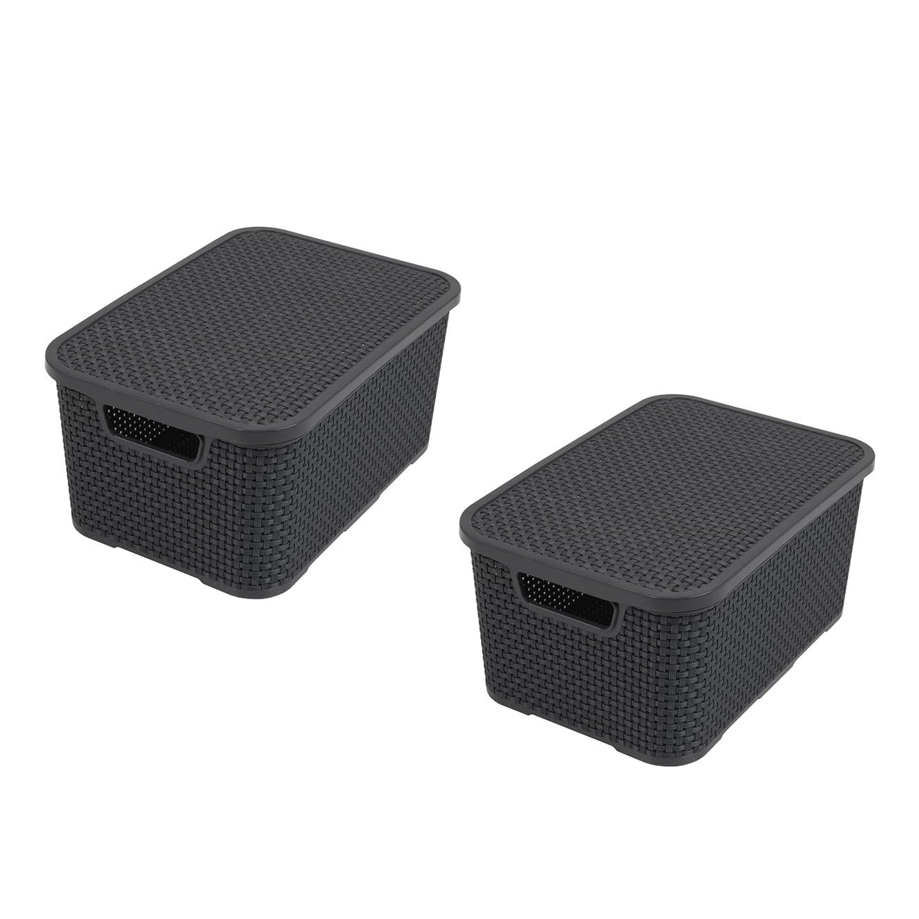 185132 - BRANQ - Shportë me Kapak për Sende Shtëpiake, Set 2 Copësh, Madhësia M, 10L, Dizajn Ratani, Materiali PP Plastikë, Ngjyra Antracit