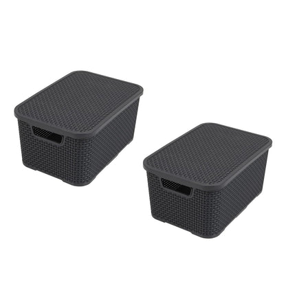 185132 - BRANQ - Shportë me Kapak për Sende Shtëpiake, Set 2 Copësh, Madhësia M, 10L, Dizajn Ratani, Materiali PP Plastikë, Ngjyra Antracit