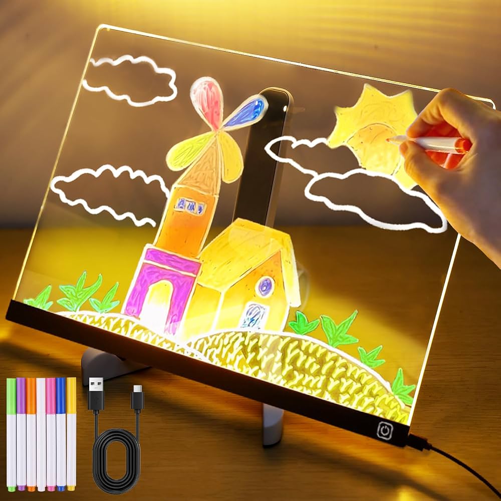 266925 - PICKONA Tabela e Njoftimeve LED me Ngjyra, Akrilik 30x20cm, 7 Ngjyra, Stilolaps dhe Mbështetëse, Tabela e Vizatimit LED me Ndriçim