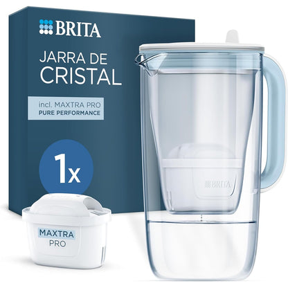 183245 - BRITA Enë Filtri Uji prej Qelqi Blu, Kapaciteti 2.5L, Përfshinë 1 Fishek Filtri Uji MAXTRA PRO, Zvogëlon PFAS, Gëlqeren, Klorin, Papastërtitë dhe Metalet e caktuara, me Tregues të Kohës dhe Vëllimit