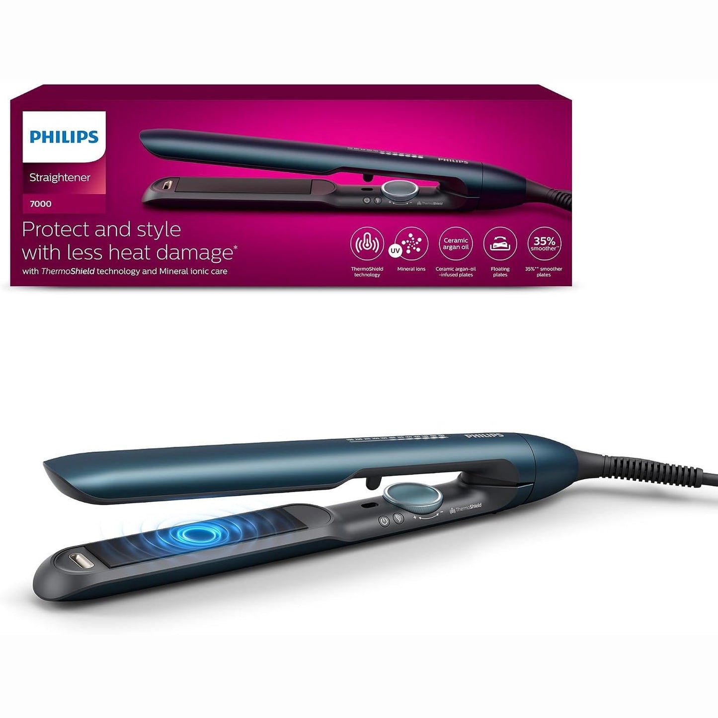 289489 - PHILIPS Pjastër flokësh Seria 7000, BHS732/00, Teknologji ThermoShield, Funksion Jonizimi, Pjata Qeramike me Vaj Argani, Ngjyrë Blu-Jeshile Metalike