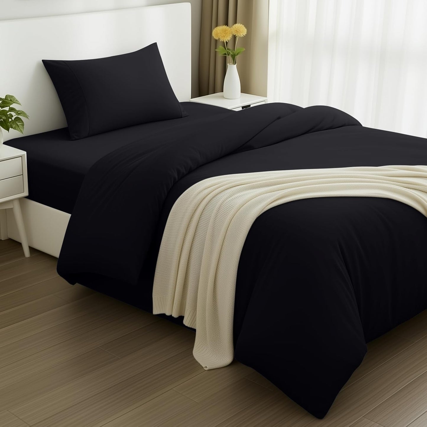 257808 - UTOPIA BEDDING Mbulesë Jorgani për Krevat 90cm - Çarçaf 90x190cm - Mbulesë Jastëku 50x75cm - Mbulesë Jorgani 135x200cm - Mikrofibër i Butë i Zi