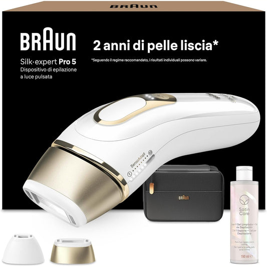271003 - BRAUN Depilator me dritë pulsuese Silk Expert Pro 5, Alternativë ndaj depilimit me lazer, me kuti, 2 koka, PL5140
